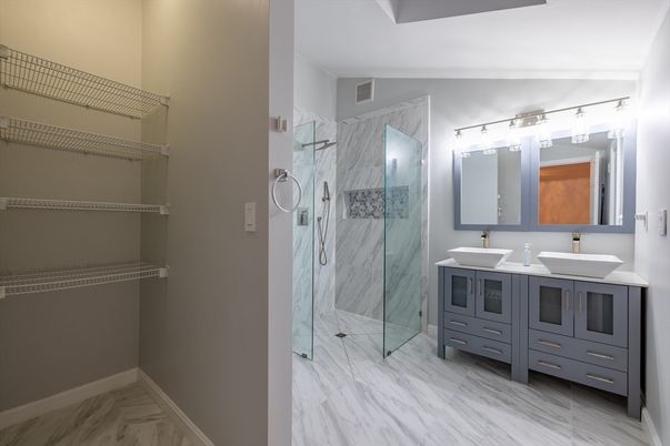 Bathroom, Dual Sink Vanities, Glass Shower, Interior, Marble, Marble Walls