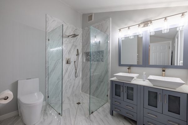 Bathroom, Dual Sink Vanities, Glass Shower, Interior, Marble, Marble Walls