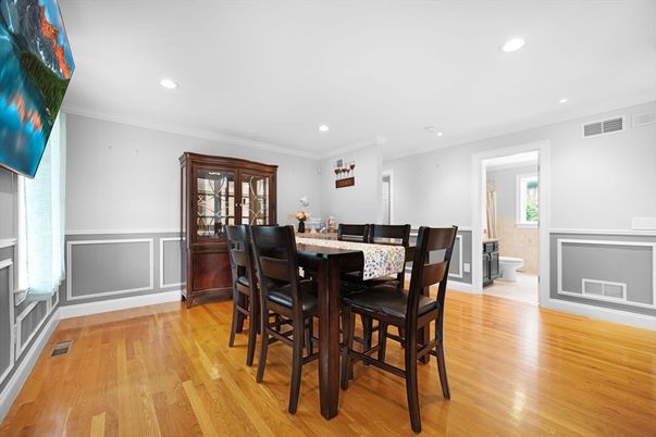 Dining room, Interior, Recessed Lighting, Wood Texture Flooring