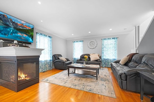 Fireplace, Interior, Living room, Recessed Lighting, Wood Texture Flooring