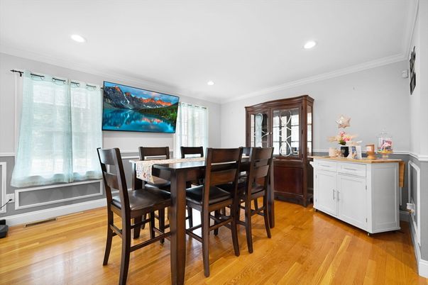Dining room, Interior, Recessed Lighting, Wood Texture Flooring