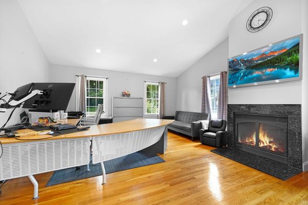 Fireplace, Home Office, Interior, Recessed Lighting, Wood Texture Flooring