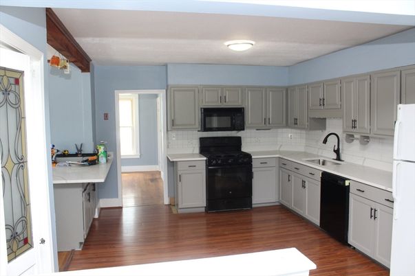 Interior, Kitchen, Tile Countertops, Wood Texture Flooring