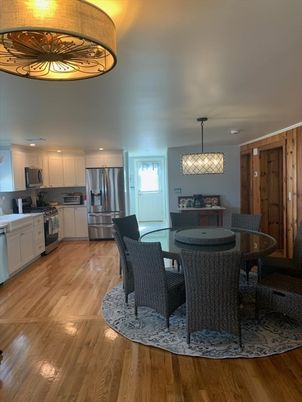 Dining room, Interior, Kitchen, Pendant Lights, Stainless Steel Appliances, Wood Texture Flooring