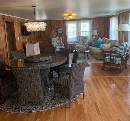 Dining room, Interior, Living room, Pendant Lights, Wood Texture Flooring, Wooden Walls