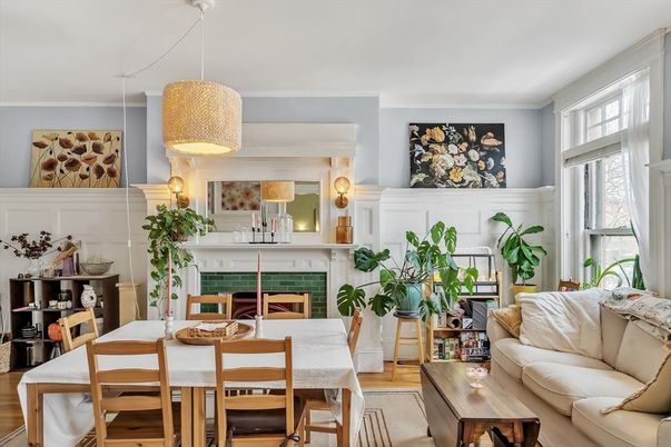 Dining room, Fireplace, Interior, Living room, Pendant Lights, Wood Texture Flooring