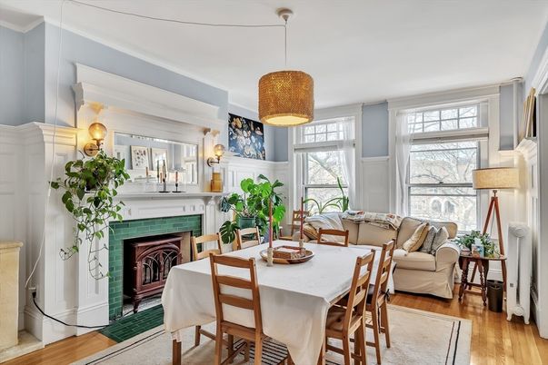 Dining room, Fireplace, Interior, Pendant Lights, Wood Texture Flooring