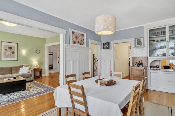 Dining room, Interior, Pendant Lights, Wood Texture Flooring