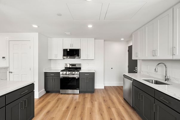 Interior, Kitchen, Recessed Lighting, Stainless Steel Appliances, Wood Texture Flooring