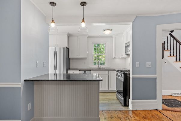 Interior, Kitchen, Pendant Lights, Stainless Steel Appliances, Wood Texture Flooring