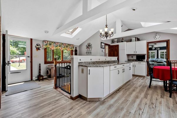 Chandelier, Interior, Kitchen, Recessed Lighting, Wood Texture Flooring