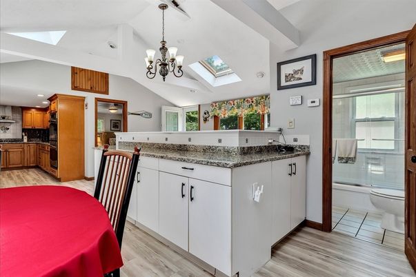 Chandelier, Dining room, Interior, Kitchen, Recessed Lighting, Wood Texture Flooring