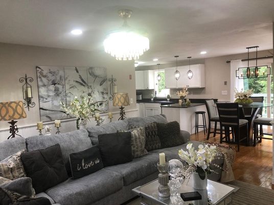 Chandelier, Dining room, Interior, Kitchen, Living room, Pendant Lights, Recessed Lighting, Wood Texture Flooring
