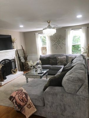 Chandelier, Fireplace, Interior, Living room, Recessed Lighting, Wood Texture Flooring