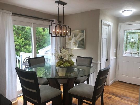 Dining room, Interior, Pendant Lights, Wood Texture Flooring