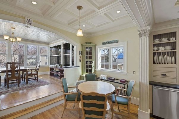 Chandelier, Dining room, Interior, Recessed Lighting, Wood Texture Flooring