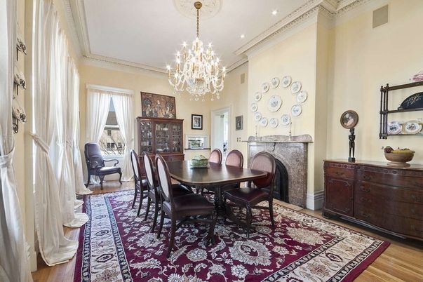Chandelier, Dining room, Fireplace, Interior, Recessed Lighting, Wood Texture Flooring