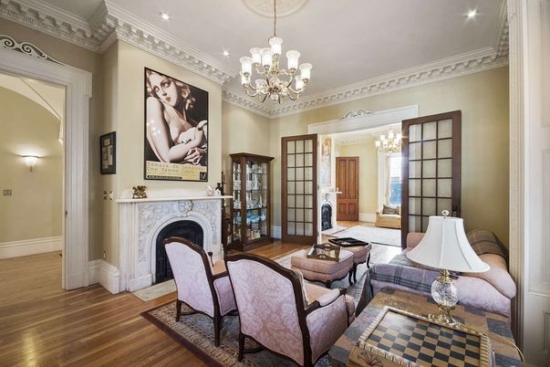 Chandelier, Fireplace, Interior, Living room, Recessed Lighting, Wood Texture Flooring