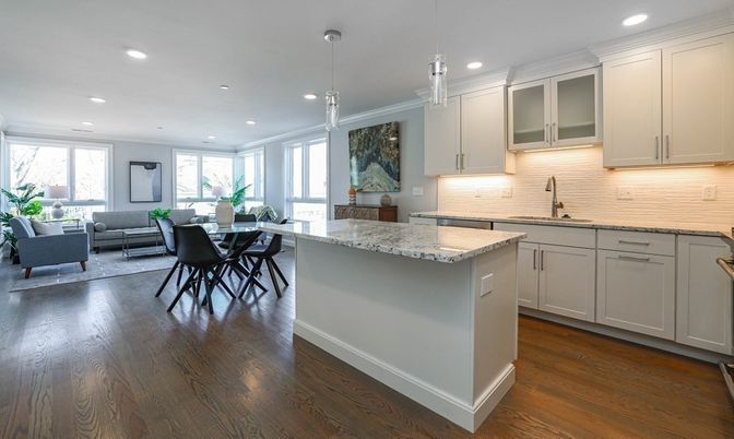 Dining room, Interior, Kitchen, Living room, Pendant Lights, Recessed Lighting, Wood Texture Flooring