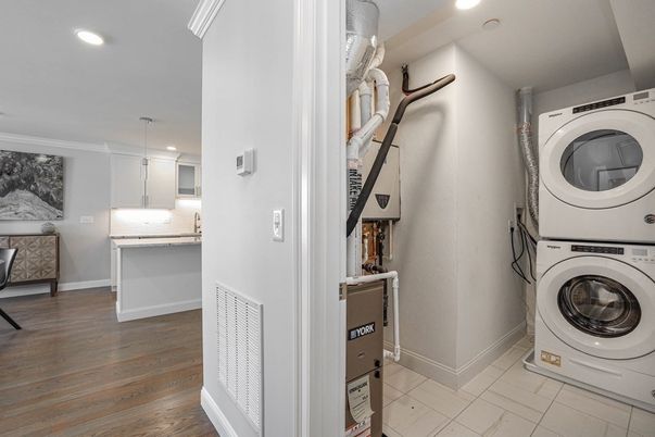 Interior, Kitchen, Recessed Lighting, Utility Closets, Washer, Wood Texture Flooring