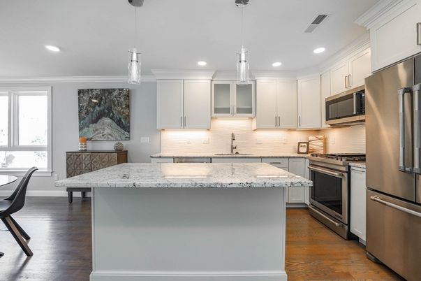 Interior, Kitchen, Pendant Lights, Recessed Lighting, Stainless Steel Appliances, Wood Texture Flooring