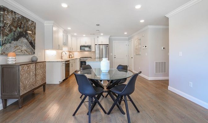 Dining room, Interior, Kitchen, Recessed Lighting, Stainless Steel Appliances, Wood Texture Flooring