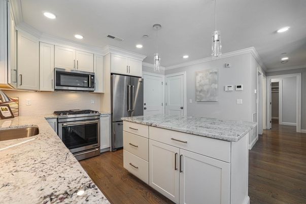 Interior, Kitchen, Pendant Lights, Recessed Lighting, Stainless Steel Appliances, Wood Texture Flooring