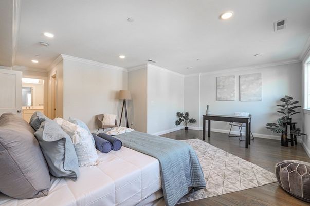 Bedroom, Interior, Recessed Lighting, Wood Texture Flooring