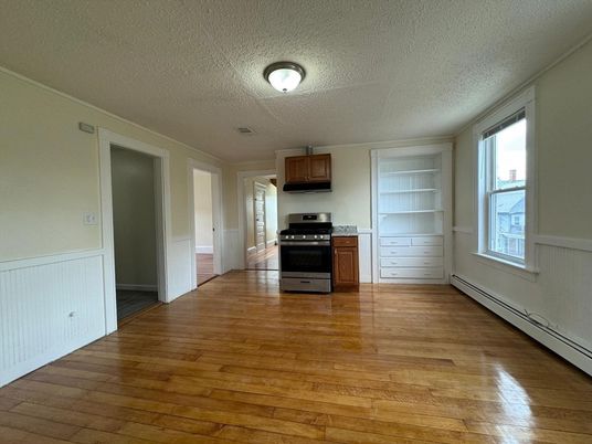 Empty room, Interior, Kitchen, Stainless Steel Appliances, Wood Texture Flooring