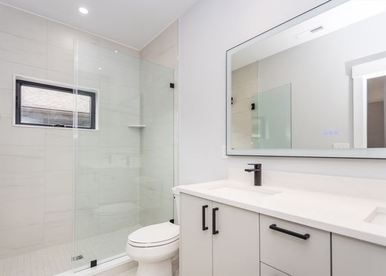 Bathroom, Glass Shower, Interior, Marble Walls, Recessed Lighting