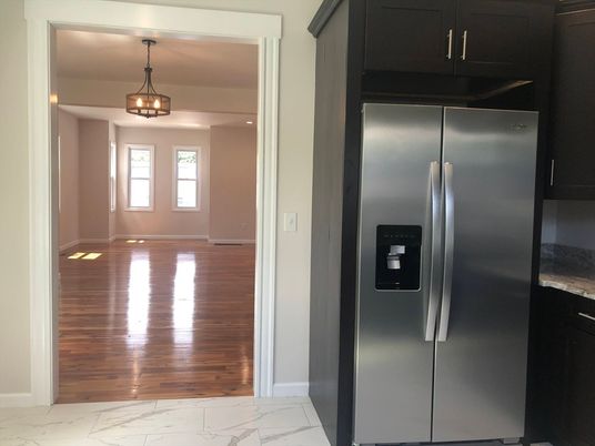 Chandelier, Interior, Kitchen, Marble, Pendant Lights, Stainless Steel Appliances, Wood Texture Flooring