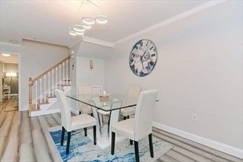 Dining room, Interior, Pendant Lights, Recessed Lighting, Wood Texture Flooring