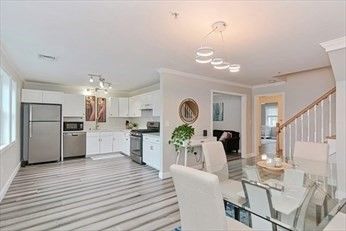 Dining room, Interior, Kitchen, Pendant Lights, Stainless Steel Appliances, Wood Texture Flooring
