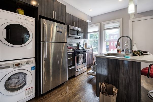 Interior, Kitchen, Recessed Lighting, Utility Closets, Washer, Wood Texture Flooring