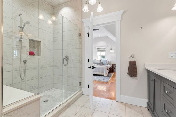 Bathroom, Bedroom, Glass Shower, Interior, Marble, Marble Walls, Wood Texture Flooring