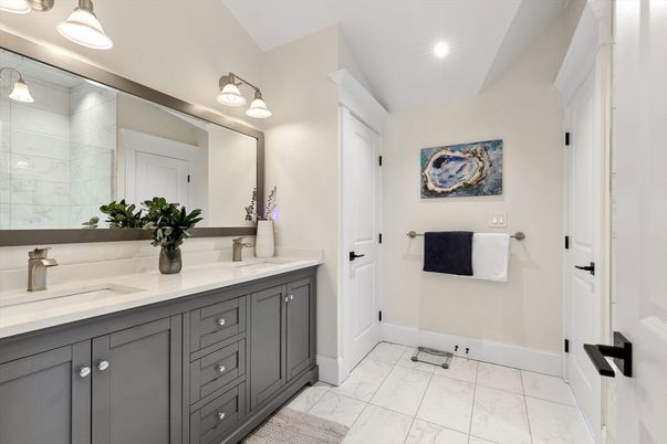 Bathroom, Dual Sink Vanities, Interior, Marble, Recessed Lighting