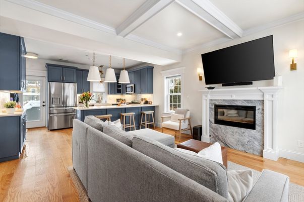 Fireplace, Interior, Kitchen, Living room, Pendant Lights, Recessed Lighting, Stainless Steel Appliances, Wood Texture Flooring