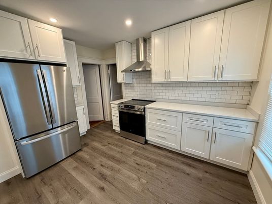 Interior, Kitchen, Recessed Lighting, Stainless Steel Appliances, Wood Texture Flooring