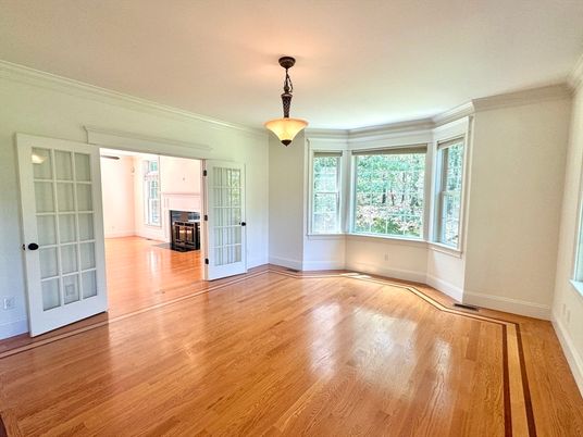 Empty room, Fireplace, Interior, Pendant Lights, Wood Texture Flooring