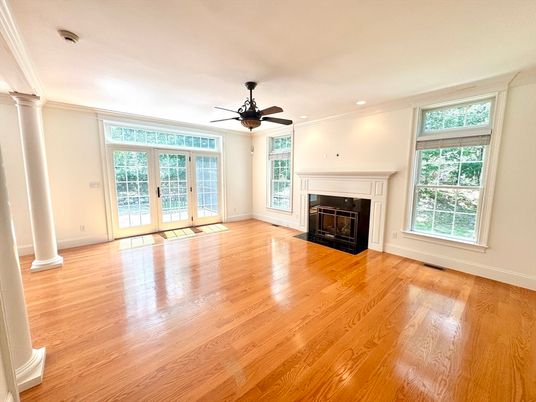Empty room, Fireplace, Interior, Recessed Lighting, Wood Texture Flooring