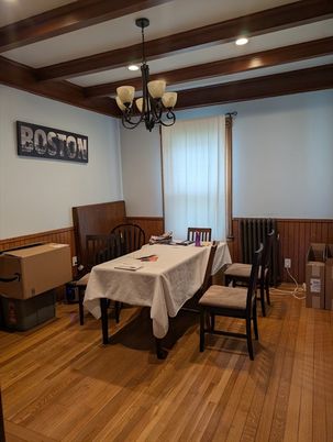 Chandelier, Dining room, Interior, Recessed Lighting, Wooden Beams, Wood Texture Flooring