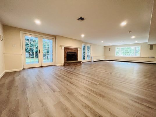 Empty room, Fireplace, Interior, Recessed Lighting, Wood Texture Flooring