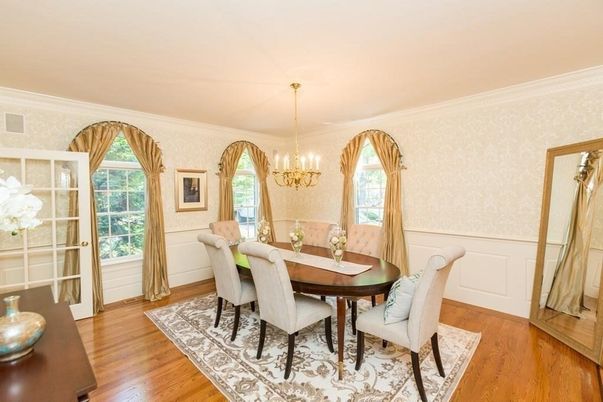 Chandelier, Dining room, Interior, Wood Texture Flooring