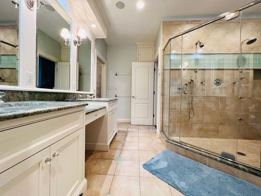 Bathroom, Dual Sink Vanities, Glass Shower, Interior, Recessed Lighting