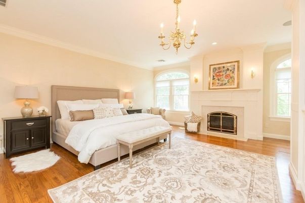Bedroom, Chandelier, Fireplace, Interior, Recessed Lighting, Wood Texture Flooring