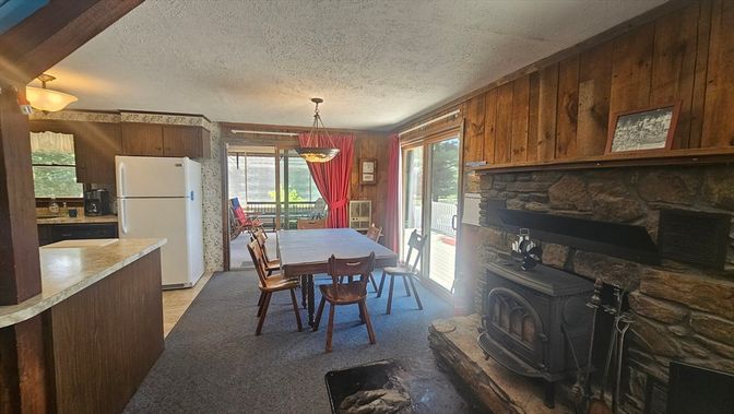 Dining room, Fireplace, Interior, Kitchen, Pendant Lights