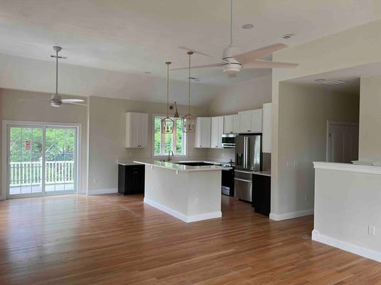 Interior, Kitchen, Pendant Lights, Stainless Steel Appliances, Wood Texture Flooring