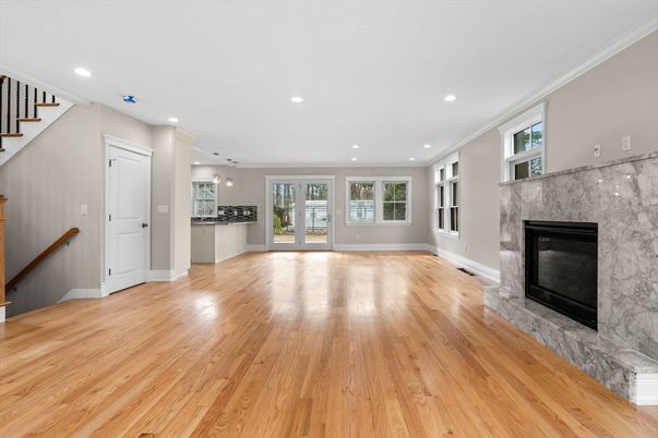 Empty room, Fireplace, Interior, Pendant Lights, Recessed Lighting, Wood Texture Flooring
