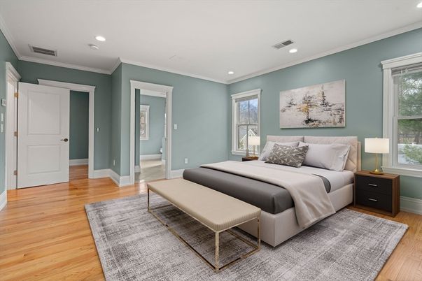 Bedroom, Interior, Recessed Lighting, Wood Texture Flooring