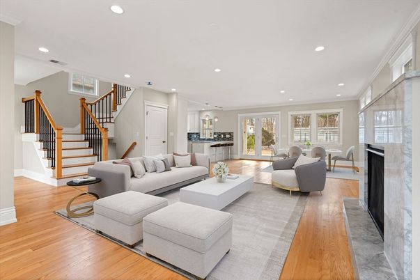 Fireplace, Interior, Living room, Pendant Lights, Recessed Lighting, Wood Texture Flooring
